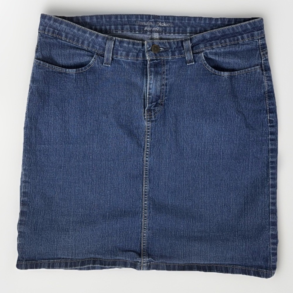 Womens Dickies Denim Skirt Medium Wash 14 A‎ Line Knee Length Classic Stretch